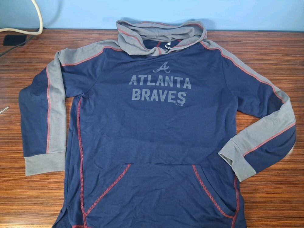 Atlanta Braves Fanatics Long Sleeve Hooded Shirt Blue Grey Baseball Medium Fun